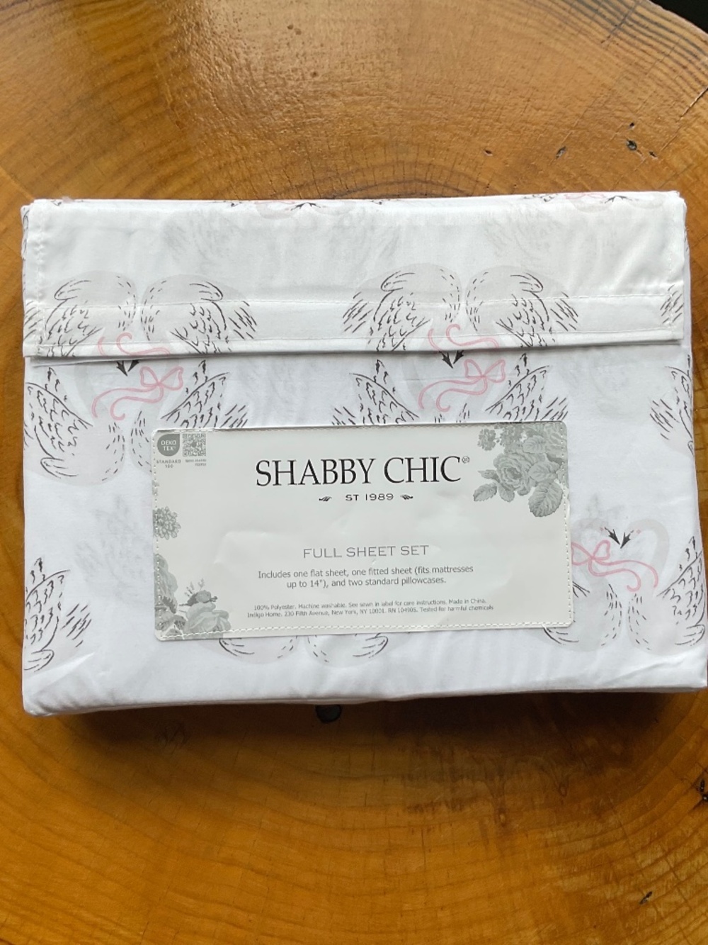 Shabby Chic Full Size Sheet Set White with Swan Hearts and Bows